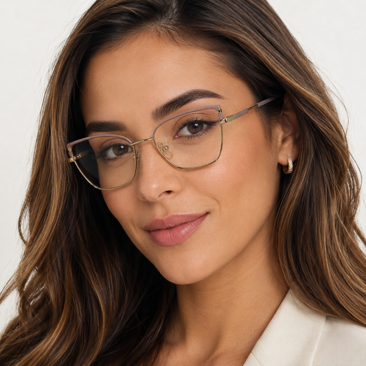 Prim-plan model femeie purtând Alma Roz pudrat, ochelari de vedere feminini în roz pudrat și auriu