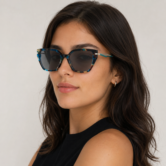 Model feminin purtând ochelarii de soare cu dioptrii Cleo albastru petrol.