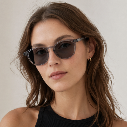 Model feminin purtând ochelari de soare cu dioptrii Niko Gri
