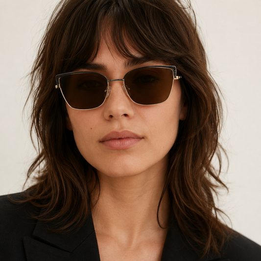 Ochelari de soare cu dioptrii Alma Negru auriu purtați de model feminin