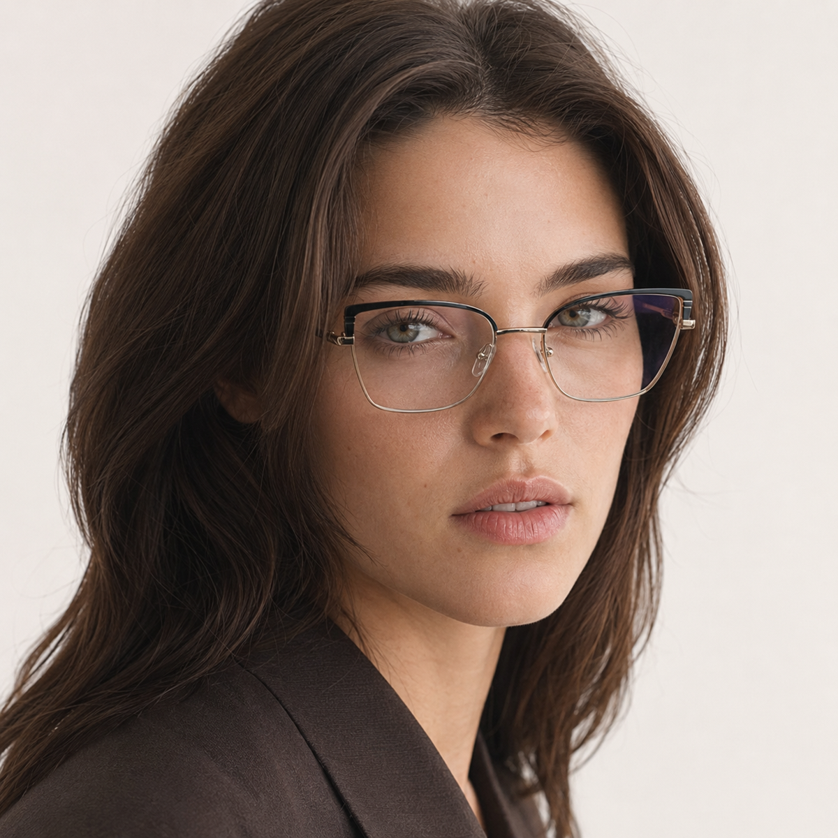 Ochelari de vedere Alma Negru auriu purtați de model feminin
