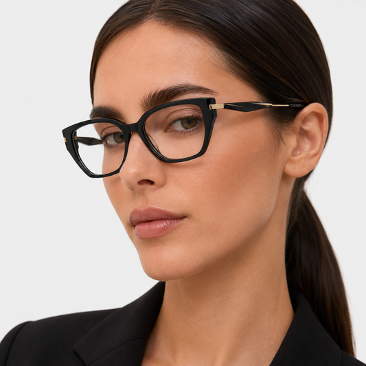 Ochelari de vedere Cleo Negru pe model femeie, ramă cat-eye elegantă