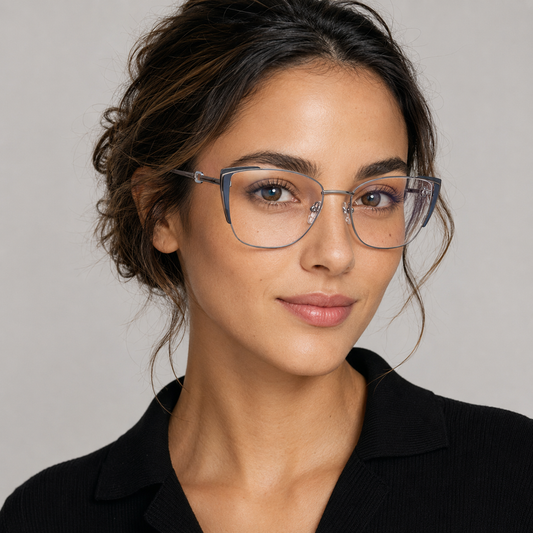 Model feminin purtând ochelarii de vedere Elara Albastru